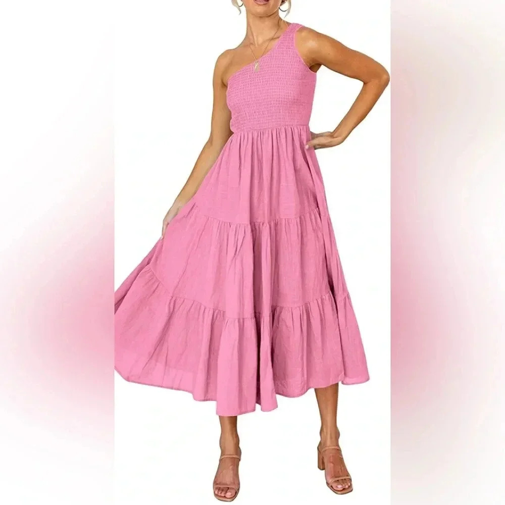 Women's Bohemian  One Shoulder Sleeveless Smocked Ruffle Tiered Beach Midi Dress